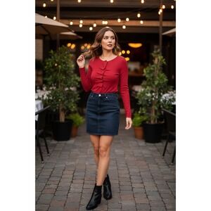 Beige Botany Ruffle Top Medium Red Button Front Fitted Coquette Y2K Romantic